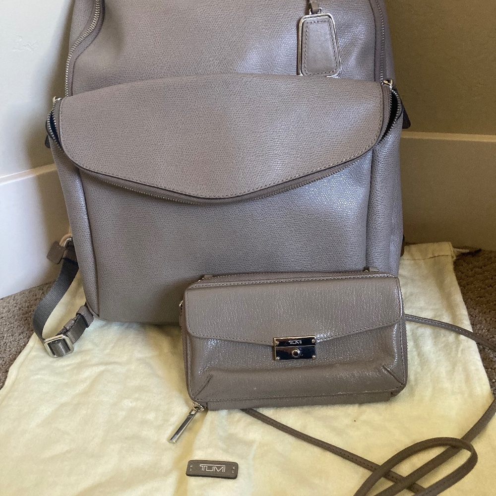 Tumi leather backpack and matching wallet purse